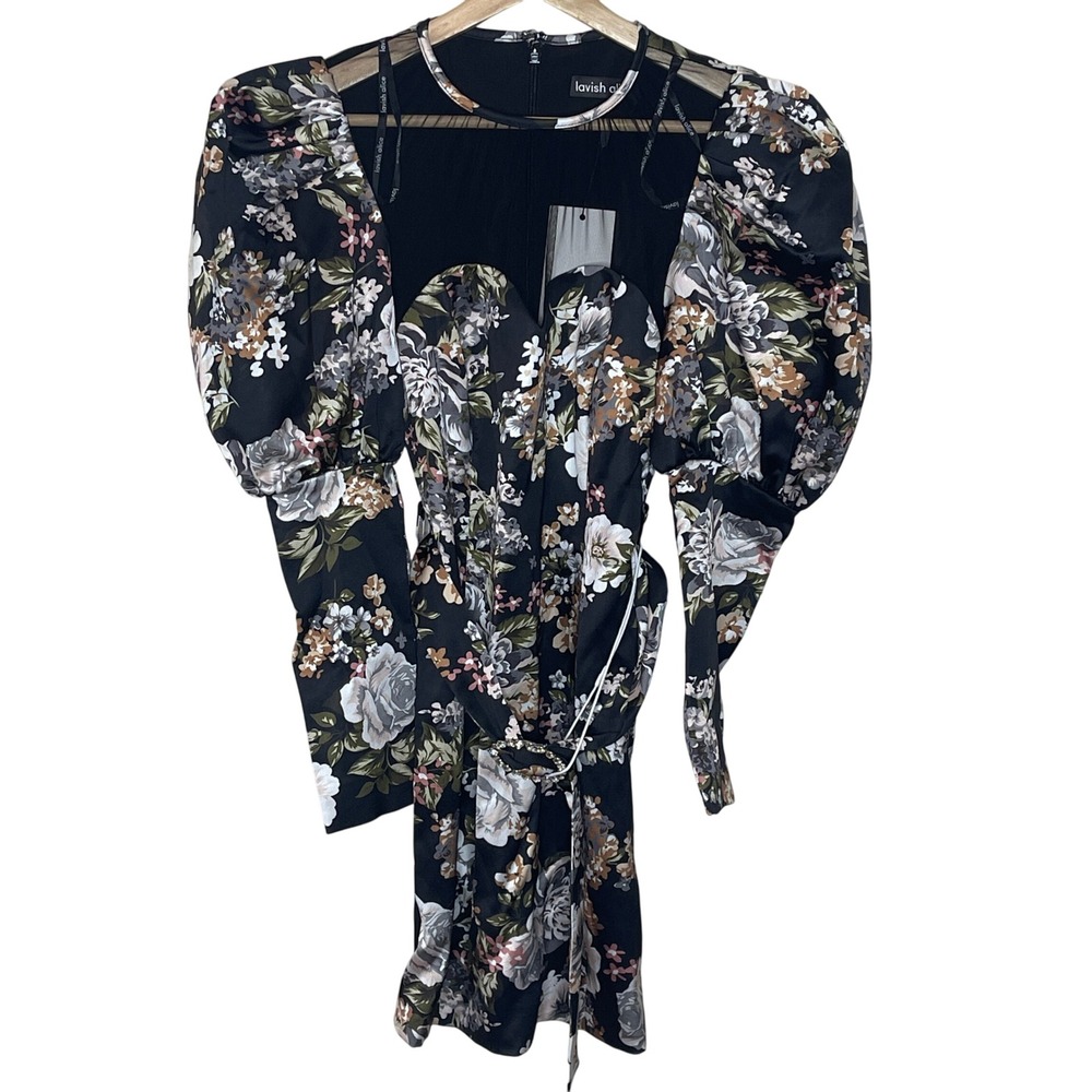 Lavish Alice Black Floral Puff Sleeve Mesh Corset Short  Dress‎